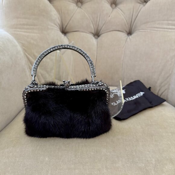 VTG Auth CLARA KASAVINA Genuine Mink Fur & Swarovski Crystal Minaudiere Bag - Picture 6 of 8